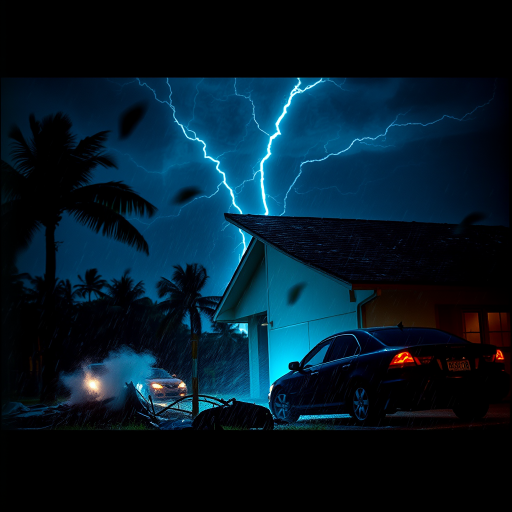 Hurricane Milton blows a roof off a home. Strong winds and rain blows sideways. Palm trees uprooted and bent over. Cars flying through the sky with debris. Sky is dark with thunder storms. Lightning strikes are fluorescent blue. Add text Hurricane Milton 2024
