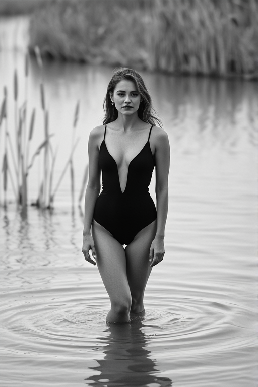 portrait of a woman in a black suit standing in shallow water with reeds in the background, captured with a Canon EOS R5, 85mm lens, f/2.8 aperture, ISO 100, natural light, in black and white to emphasize contrast and mood.