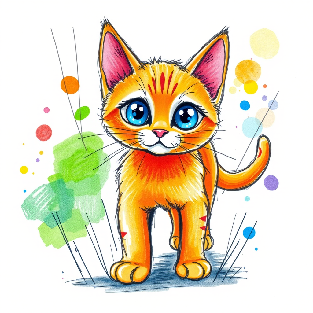 A vibrant childs coloured pencil drawn illustration of a bright orange cat with large, expressive blue eyes, a very cute style. The cat appears to be walking towards the viewer, surrounded by an abstract splash of colors and fine black lines, giving the image a dynamic and artistic flair. The background is a soft beige, highlighting the cat's vivid coloration and playful demeanor. Naively drawn scratchy line style.