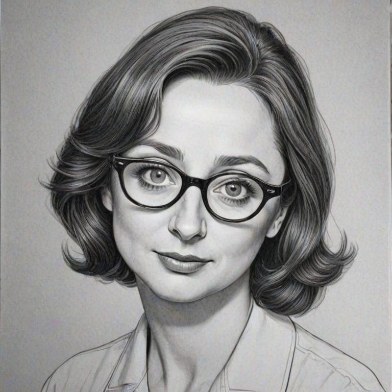 Beauteous Rachel Dratch, pencil sketch, portrait of Dazzling woman 1951s in glasses, hair style beatnik, outline, clear lines, fine lines, 8k