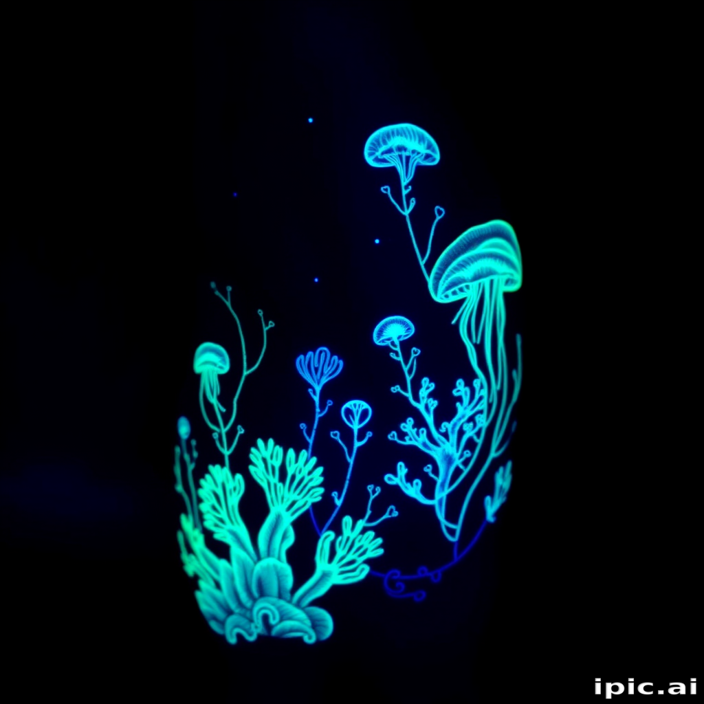 Mystical UV blacklight tattoo named "Bioluminescent Dreams" featuring hidden designs that only become visible under ultraviolet light depicting an ethereal underwater scene with glowing jellyfish coral formations and bioluminescent organisms rendered in specialized UV-reactive inks that appear as subtle off-white markings in normal lighting but burst into vibrant fluorescent colors when exposed to blacklight