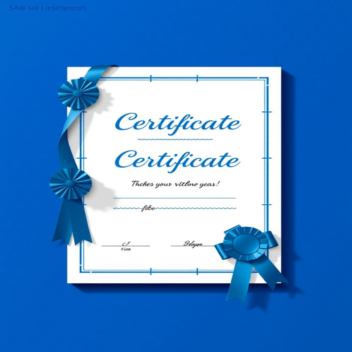 Create a decorative certificate design featuring a solid blue background with a textured pattern, a white border, and a blue ribbon with a starburst shape on the left side, captured using a DSLR camera at f/8, ISO 100, 50mm lens, in natural light for enhanced clarity and detail.