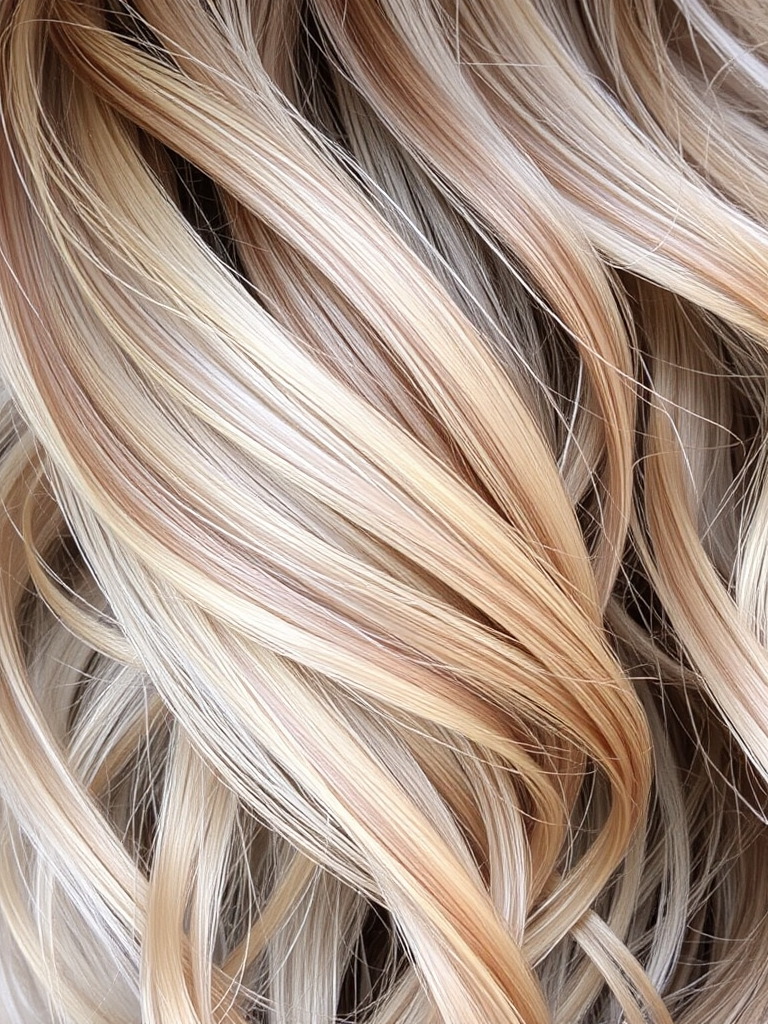 Close-up texture of soft, wavy hair showcasing a blend of various shades and colors including brown, blonde, and hints of grey.