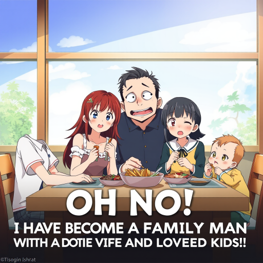 isekai anime style poster depicting a happy Family of four, a surprised dad sitting at a table with his wife and two kids eating something; the movie title clearly reads "OH NO! I HAVE BECOME A FAMILY MAN WITH A DOTING WIFE AND LOVABLE KIDS!", written in clear and exact letters