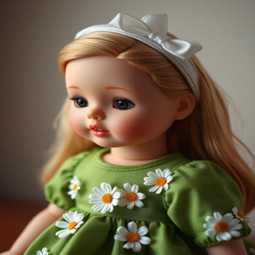 Create a high-resolution image of a doll with soft facial features, wearing a green dress adorned with white daisies and a silver hair bow, captured in a studio setting using a DSLR camera with an aperture of f/2.8, ISO 100, and a focal length of 50mm, focusing on a shallow depth of field to enhance the details of the dress.