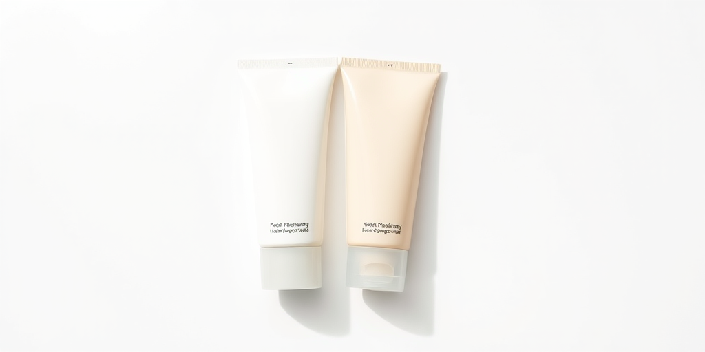 A high-resolution image of two cosmetic tubes, one white and one beige, positioned side by side on a clean white background, captured with a Canon EOS R5 camera, 50mm lens, aperture f/1.8, ISO 100, with soft natural lighting and a shallow depth of field for an elegant look.