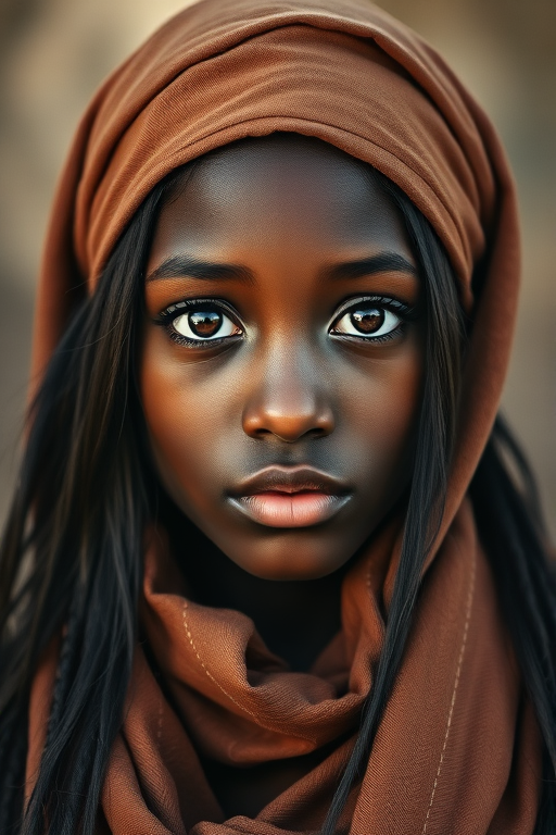 Create a portrait of a young Zulu female with long, dark hair and captivating hazel eyes. She is wearing a brown headscarf and a matching scarf draped gracefully around her neck. The background is softly blurred, focusing attention on her serene and natural expression. The overall color palette is muted and warm, enhancing the intimate and authentic feel of the portrait.