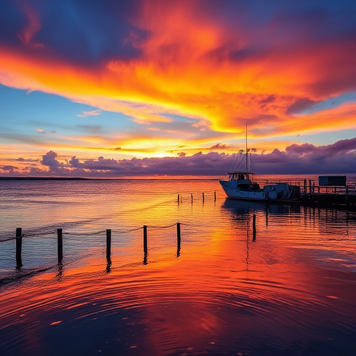 vibrant sunset over a calm harbor with a lone fishing boat near a wooden pier, colorful clouds reflecting in the water, warm tones of orange and pink in the sky, shot with a Canon EOS R5, f/8 aperture, 24mm lens, 1/100s shutter speed, HDR style for enhanced details and vivid colors