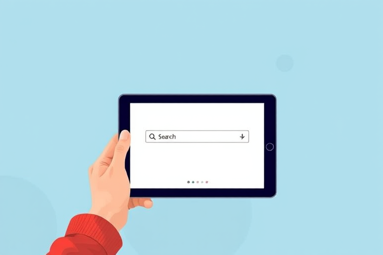 Create a vector-style illustration of a person holding a tablet showing a search bar, set against a light blue background with abstract shapes, using a Canon EOS 5D Mark IV with a 50mm lens at f/1.8, ISO 100, and a shallow depth of field for enhanced focus on the tablet.