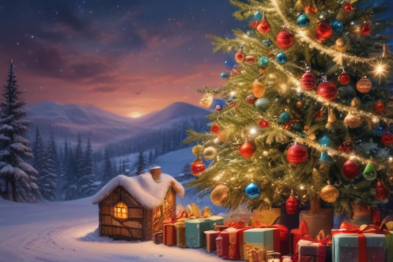 A Cozy Winter Scene Featuring a Christmas Tree and Snowy Cottage.