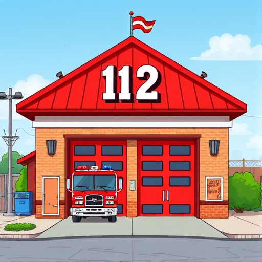 Create a colorful cartoon illustration of a fire station with the number 112 prominently displayed on it, featuring a red roof, two large garage doors, and a fire truck parked outside, using a high-resolution digital camera with a 50mm lens, f/1.8 aperture, and a wide-angle view to enhance image quality.