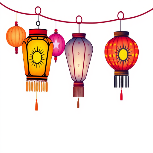 Create an illustration of decorated lanterns in a progression of stages, using vibrant colors, including a design that features a sun and a star, with a white background, taken with a DSLR camera at f/5.6, ISO 100, 50mm lens, and a soft focus effect for enhanced quality.