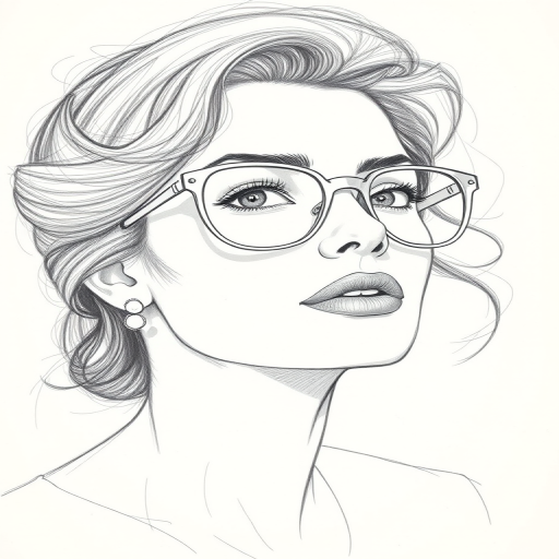 Beautiful Sophia Loren, pencil sketch, portrait of beautiful woman 60s in glasses, hair style beatnik, outline, clear lines, fine lines, 8k