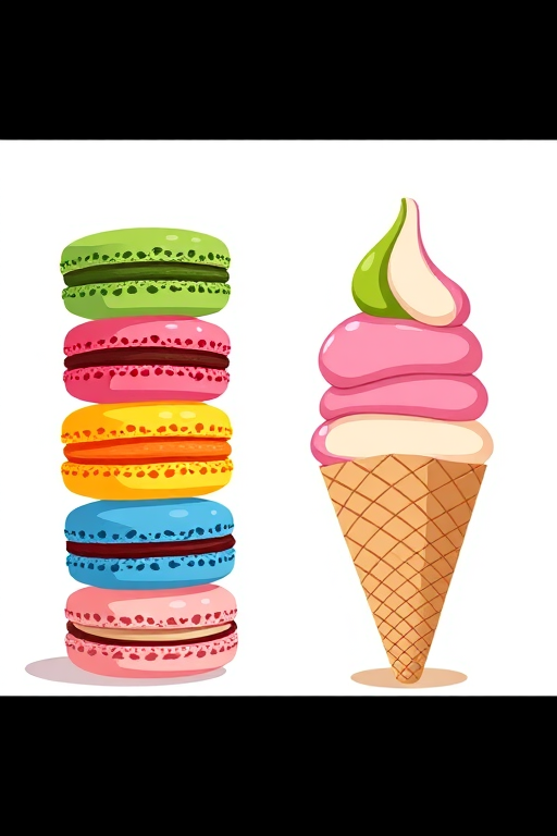 Create a vibrant illustration of three colorful macaron cookies stacked vertically on the left, and a delicious ice cream cone with three scoops on the right, in a bright and cheerful style, using a Canon EOS R with a 50mm lens at f/1.8, ISO 100, and natural lighting for enhanced image quality.