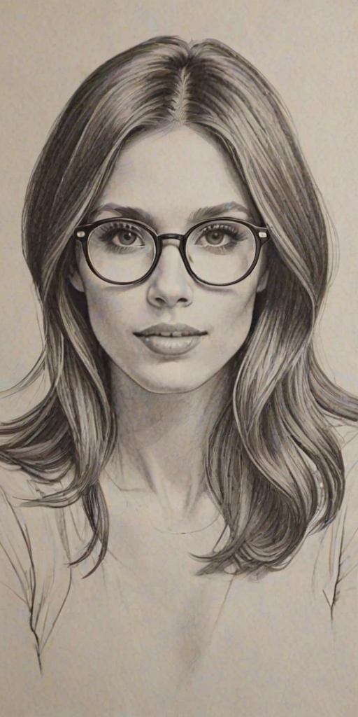 Lovely Kayla Ewell, pencil sketch, portrait of Beauteous woman 1969s in glasses, hair style beatnik, outline, clear lines, fine lines, 8k