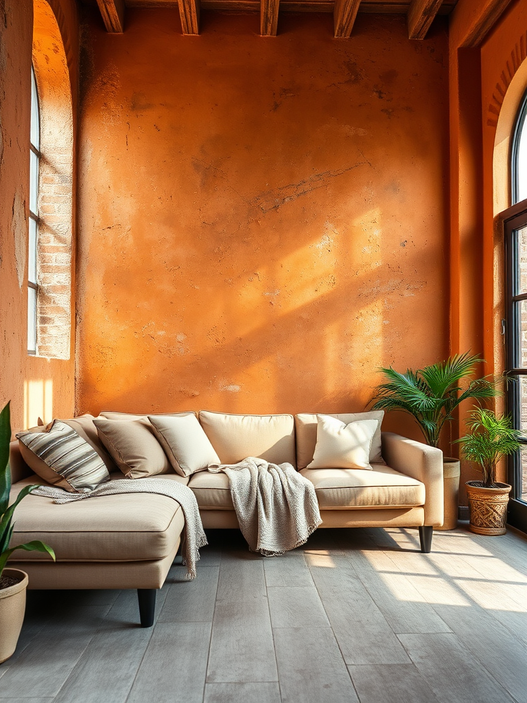 interior room with a weathered orange plaster wall, a cozy beige sofa with cushions, a soft throw, natural light streaming through large windows, plant accents, use a 50mm lens, aperture f/1.8, ISO 100, and a shallow depth of field to enhance image quality, HDR effect