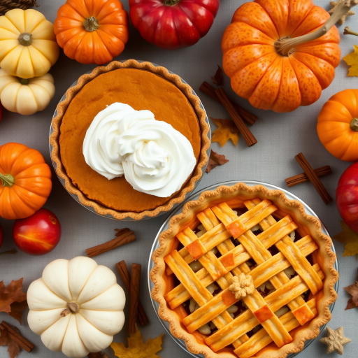 A cozy autumn scene featuring a beautifully arranged tabletop with two types of pie one being a pumpkin pie topped with whipped cream and the other a lattice apple pie surrounded by fresh apples pumpkins cinnamon sticks and scattered leaves in warm earthy tones