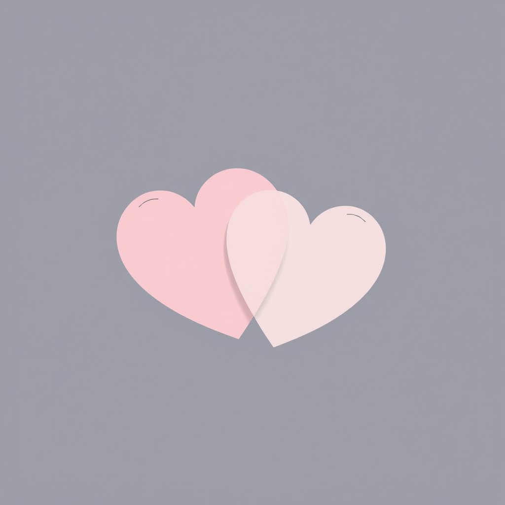 Create an illustration of two overlapping hearts in a minimalist style, using a soft grey color, with a high-resolution image quality, shot from a straight-on view, using a DSLR camera at f/2.8 aperture and 50mm lens, vibrant lighting.