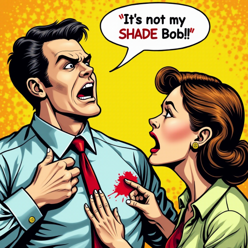 A pop art piece of a very angry wife discovering a lipstick stain on a man's dress shirt. Make the print on his collar. Put a word balloon above the wife's head that says 'It's not my SHADE Bob!!!'
