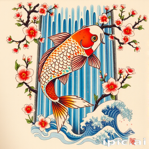 Japanese-inspired irezumi tattoo named "Koi Ascension" depicting a large, colorful koi fish swimming up a cascading waterfall, surrounded by cherry blossoms and traditional wave patterns