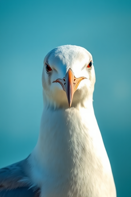 Create a detailed digital painting of a seagull with a sharp gaze, set against a soft blue background, using a Canon EOS R5 with a 85mm f/1.2 lens, aperture set to f/4, ISO 100, natural soft lighting, and a shallow depth of field to enhance the bird's details and blur the background.