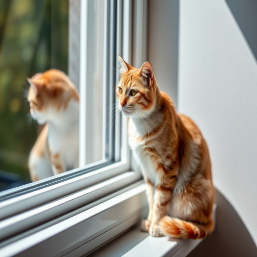 Generate a high-resolution image of a cat sitting on a windowsill, captured with a DSLR camera at f/2.8 aperture, ISO 200, shutter speed 1/500 sec, using a 50mm lens, in natural light for soft shadows and vibrant colors.