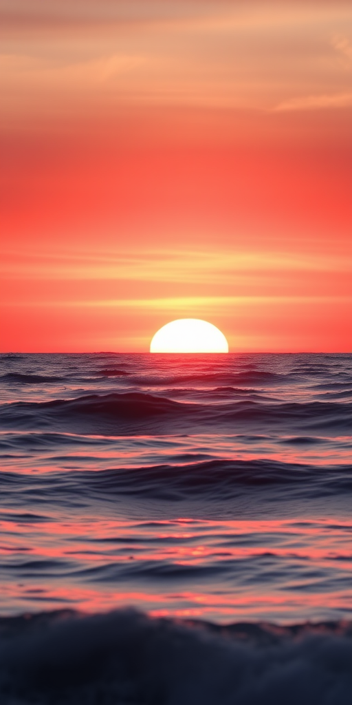 generate a high-resolution image of a sunset over the ocean with vibrant orange and red hues blending smoothly, using a DSLR camera with a 50mm lens, aperture set to f/1.8, shutter speed at 1/250 sec, ISO 100, and a long exposure effect to capture the gentle waves in the foreground.