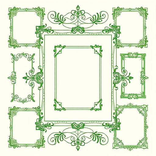 create a high-resolution vector image of intricate green line art decorative frames in a grid layout with soft beige background, using a Canon EOS R5 camera, aperture f/8, ISO 100, 50mm lens, overhead view, macro photography style for enhanced detail and clarity