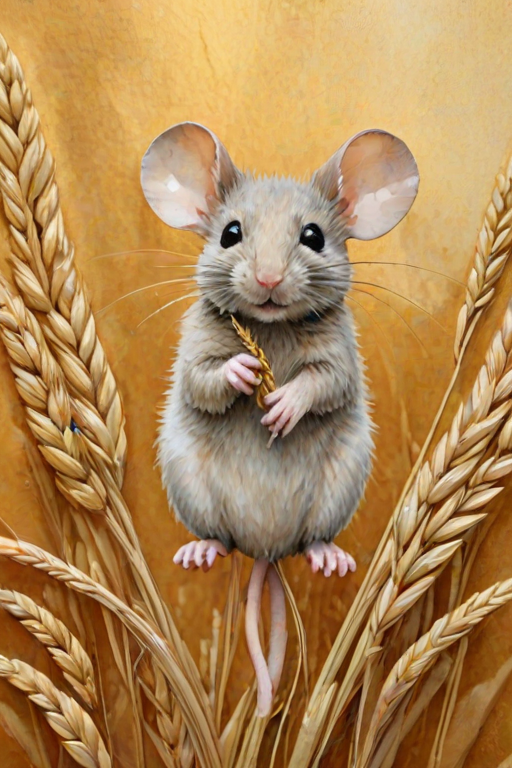 Soft, muted Alcohol Ink with ebru effect background image of tiny whimsical mousey, who climbed high on the top of a golden rye ear.