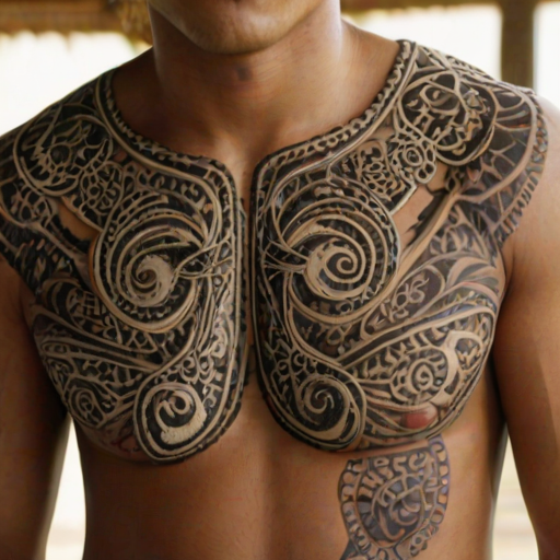 Face, shoulders, chest covered in openwork Pacific Islander embroidery. Raw, unedited image.