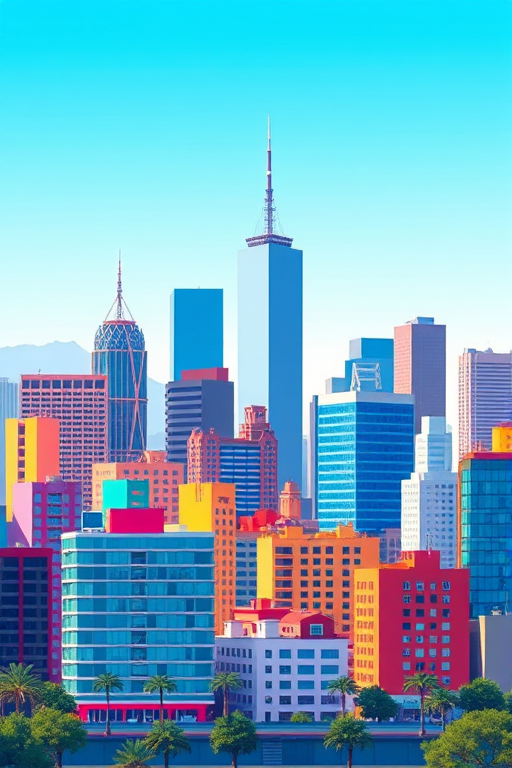 generate a vibrant city skyline illustration with colorful geometric buildings, include a clear blue sky background, use a digital art style, set camera settings to f/8 aperture, ISO 200, and 1/250 shutter speed, ensure a wide-angle view with a slight tilt for dynamic perspective, type camera: digital illustration.
