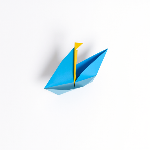 a minimalist art piece featuring a small paper sailboat in blue and yellow on a white background with torn edges, captured with a DSLR camera, 50mm lens, f/2.8 aperture, ISO 100, in natural lighting for enhanced detail and contrast, top-down view