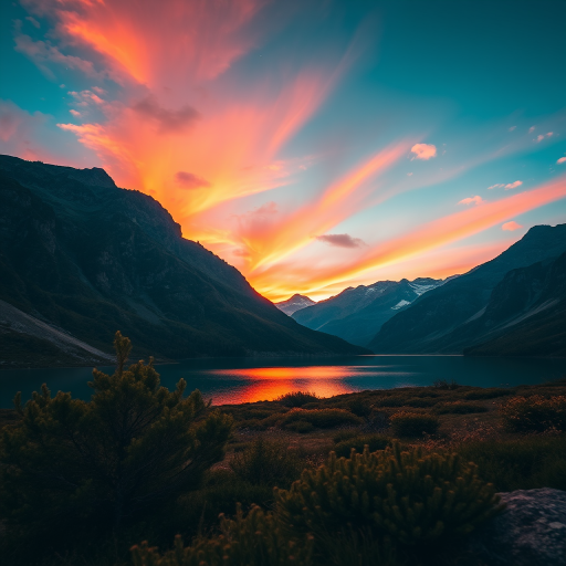 Create an image of a serene mountain landscape at sunset, with vibrant colors reflecting off the lake in the foreground, shot with a Canon EOS R5, 24mm lens, f/11 aperture, ISO 100, 1/60s shutter speed, wide-angle view, and dynamic range enhancement, capturing the tranquility and beauty of nature.