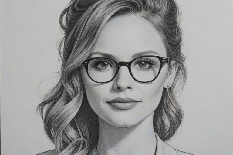 Lovely Carly Pearce, pencil sketch, portrait of Elegant woman 1952s in glasses, hair style beatnik, outline, clear lines, fine lines, 8k