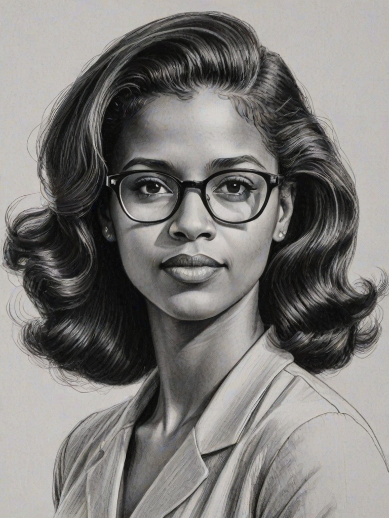 Comely Renee Elise Goldsberry, pencil sketch, portrait of Splendid woman 1943s in glasses, hair style beatnik, outline, clear lines, fine lines, 8k