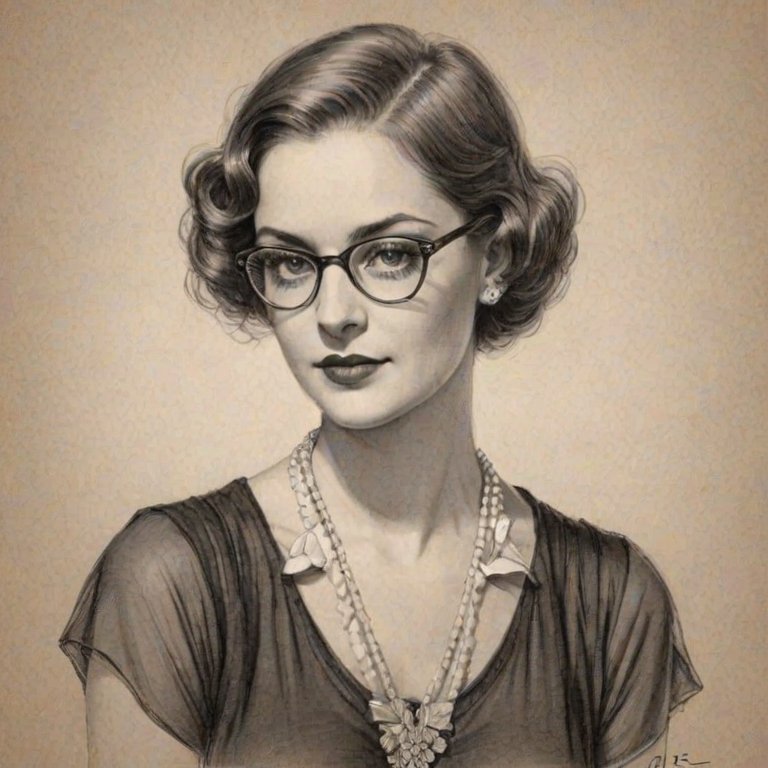 Resplendent Karen Valentine, pencil sketch, portrait of Wonderful woman 1920s in glasses, hair style beatnik, outline, clear lines, fine lines, 8k
