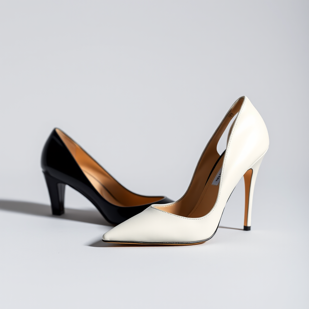 Generate an image of a white high heel and a black dress shoe on a simple background, use a Canon EOS R5 camera with a 50mm lens, set aperture to f/2.8, ISO 100, shutter speed 1/100s, maintain natural lighting for enhanced quality.