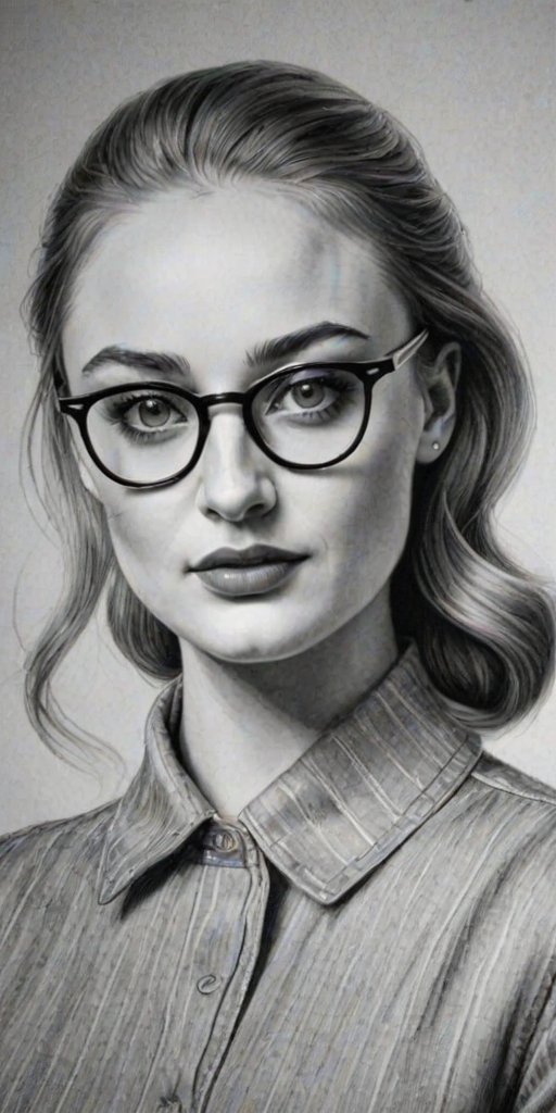 Enchanting Sophie Turner, pencil sketch, portrait of Sublime woman 1950s in glasses, hair style beatnik, outline, clear lines, fine lines, 8k