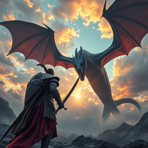 Create an epic fantasy scene of a warrior facing a massive dragon against a dramatic sky, using a Canon EOS R5 with 24-70mm lens at f/2.8, ISO 100, 1/200s, shot in a wide-angle view with vibrant colors and high contrast for enhanced image quality.