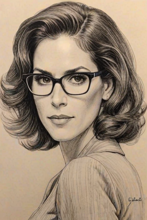 Graceful Jami Gertz, pencil sketch, portrait of Stunning woman 1932s in glasses, hair style beatnik, outline, clear lines, fine lines, 8k