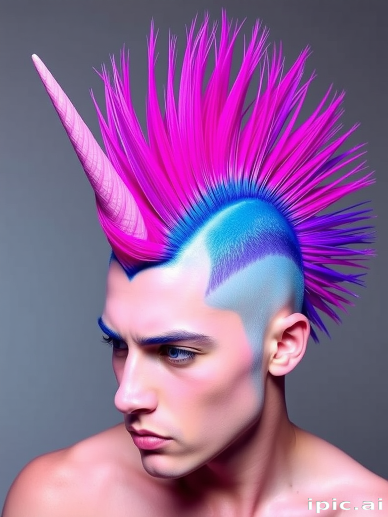 Striking Neon Unicorn Mohawk with electric blue base color fading into vivid purple and hot pink streaks, styled into a dramatic upswept crest for a fierce and eye-catching look
