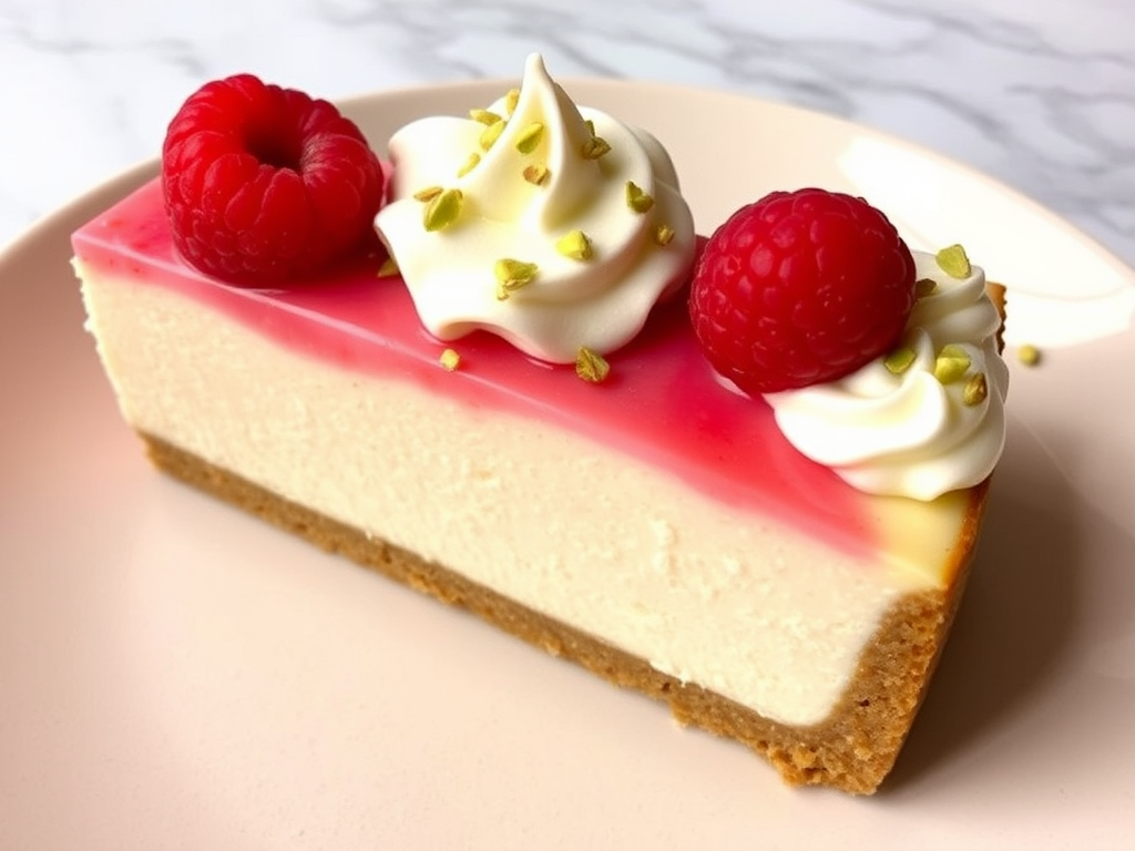 A slice of cheesecake with a smooth creamy texture featuring a layer of pink raspberry-flavored topping, garnished with fresh raspberries and a swirl of whipped cream, sprinkled with crushed pistachios, served on a light-colored plate against a marble background.