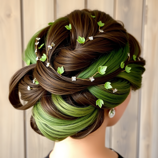 Enchanted Forest Twisted Updo incorporating various shades of green and brown, adorned with tiny leaf-shaped hair accessories and delicate vines woven throughout