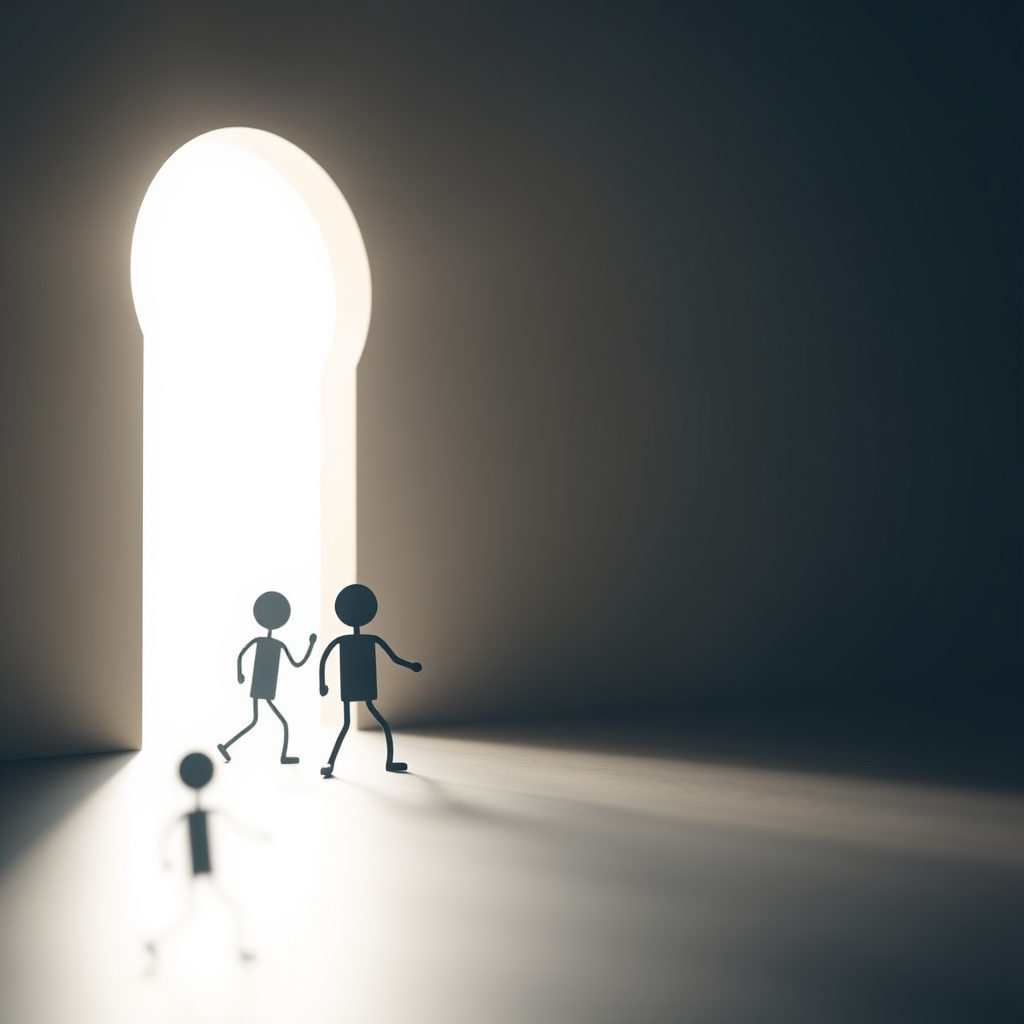 Create an image of a minimalistic scene depicting small stick figure characters emerging through a large keyhole casting light, with a soft focus background, using a DSLR camera with a 50mm lens, aperture f/2.8, ISO 200, and a wide-angle view for depth.