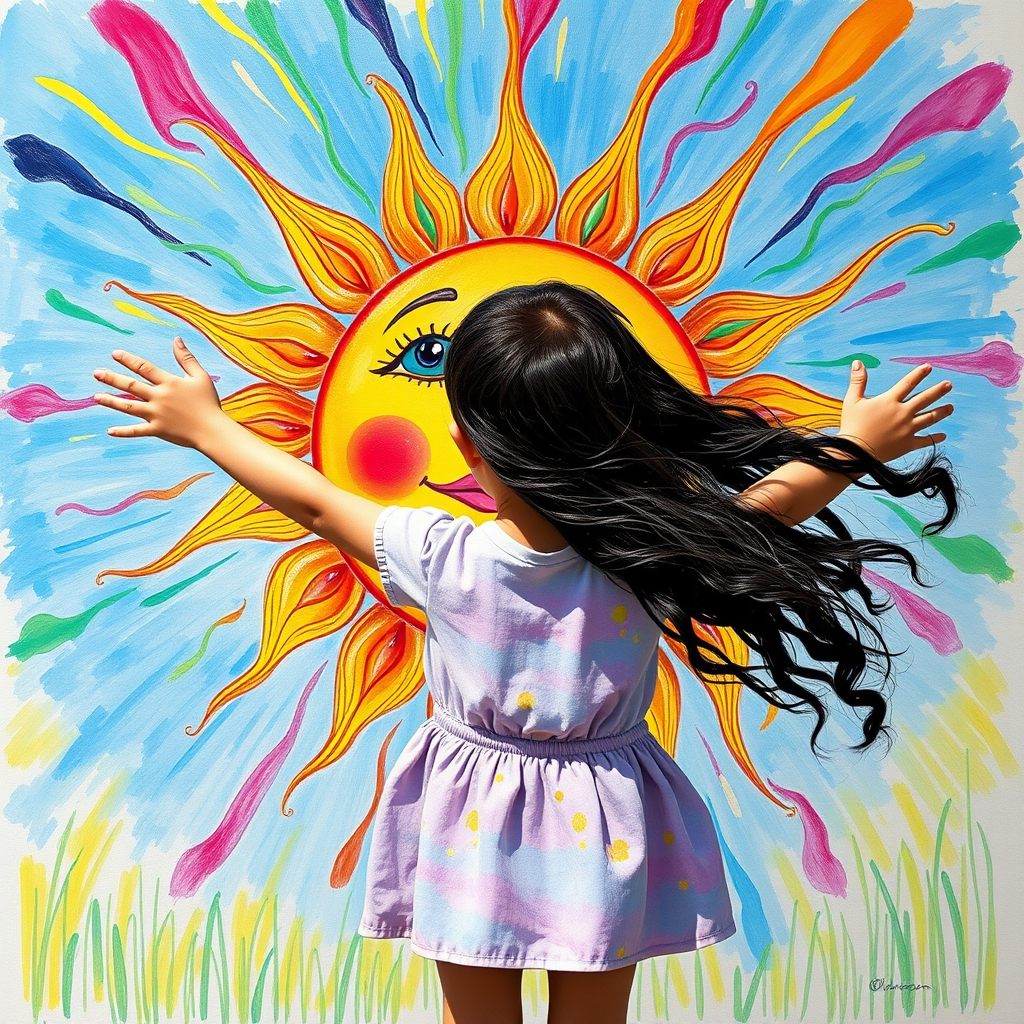 A depiction, in colorful paints, of a little girl, back to the viewer, short stripy socks, lilac and blue dress, arms outstretched, long black wavy hair being blown by the breeze, bight summer's day, up in the blue sky a giant colorful sun face, with pretty eyes, pink lips, colorful swirls, and rainbow colored flames shooting off in all directions