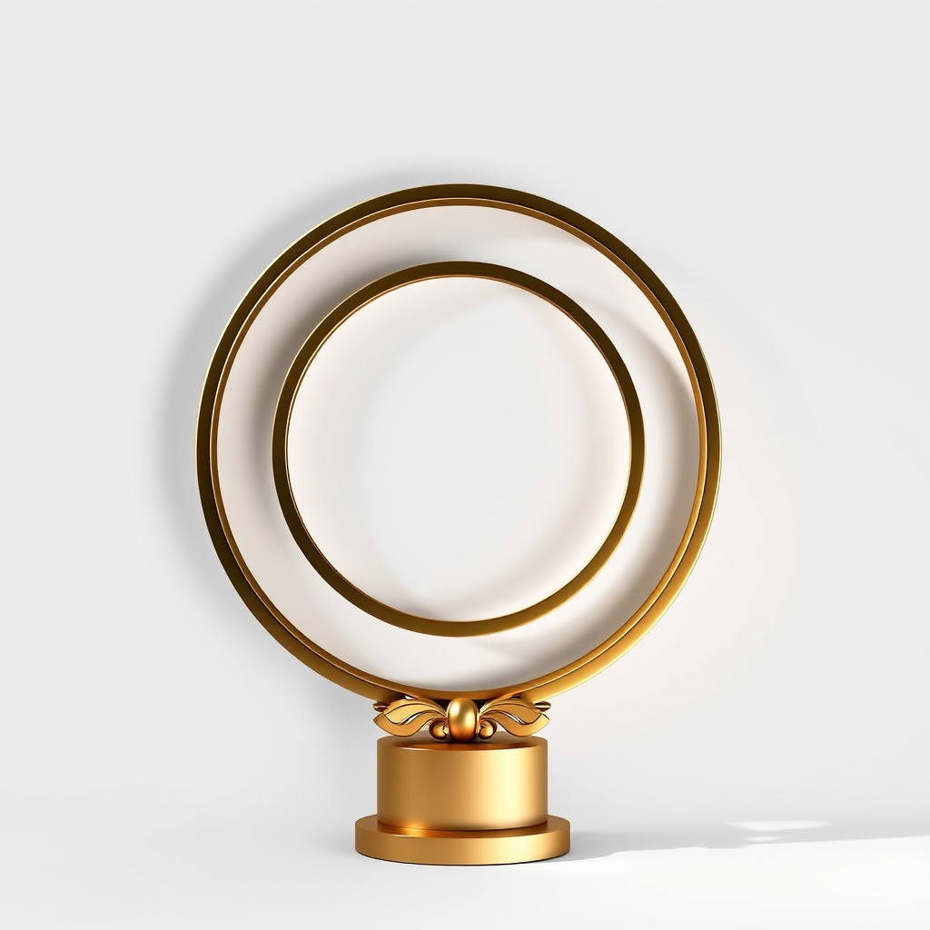 Regenerate a sleek, modern emblem featuring a gold circular frame with a decorative base, using a DSLR camera at f/2.8 aperture, ISO 100, 50mm lens, in a well-lit studio setting with a slight shadow for depth.