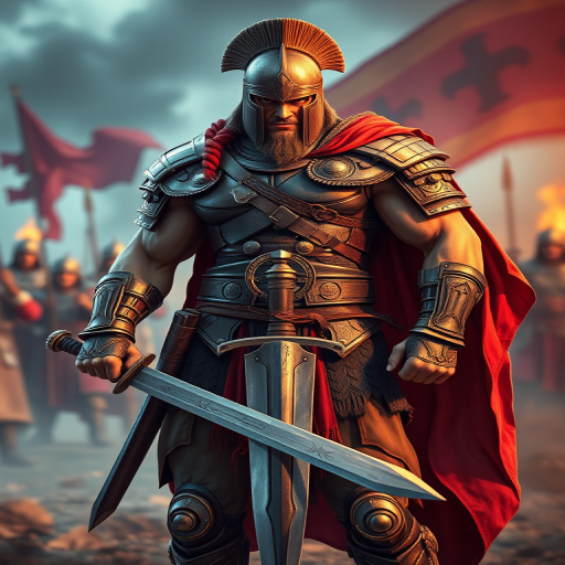 Create a highly detailed digital illustration of a muscular warrior in ancient armor, standing confidently with a sword in hand, use vibrant colors and dramatic lighting, set against a blurred battle background, employing a DSLR camera with a 50mm lens, aperture set to f/2.8 for shallow depth of field, ISO 100 for high clarity, and a low angle view to emphasize the warrior's stature.