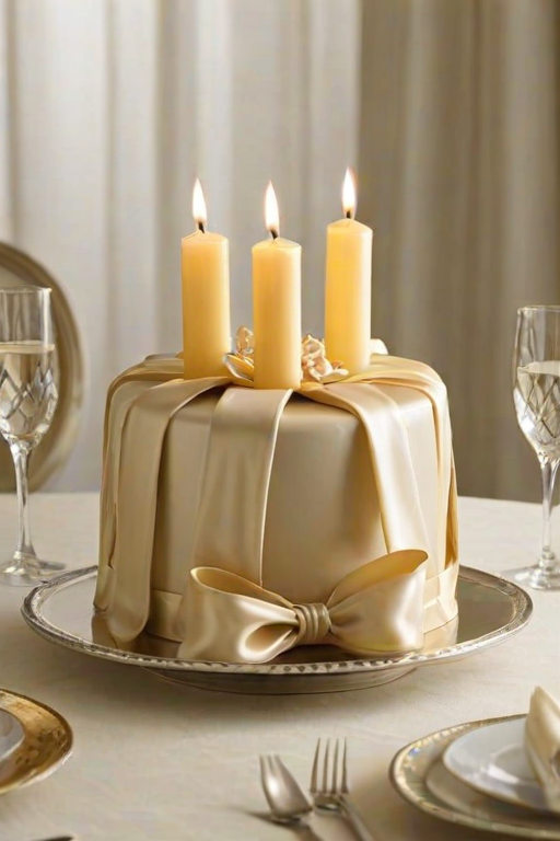 Create an elegant cake wrapped in a satin bow, featuring five lit candles on top. The cake should have a smooth, glossy finish and be displayed on a simple white pedestal. The background should be soft and neutral, enhancing the cake's sophisticated and celebratory appearance.