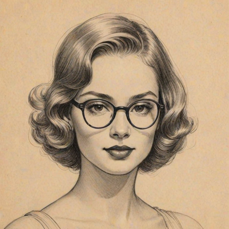 Delightful DaniLeigh, pencil sketch, portrait of Alluring woman 1929s in glasses, hair style beatnik, outline, clear lines, fine lines, 8k