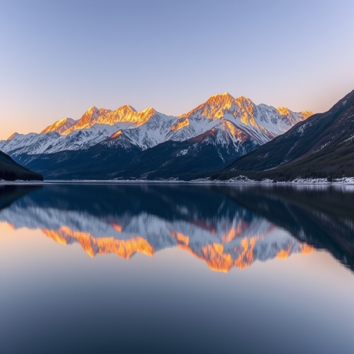 Capture a breathtaking view of snow-capped mountains reflecting in a serene lake during golden hour, using a Canon EOS 5D Mark IV with an EF 24-70mm f/2.8L II USM lens, aperture set to f/8, shutter speed at 1/250s, ISO 100, in landscape orientation to enhance image quality.